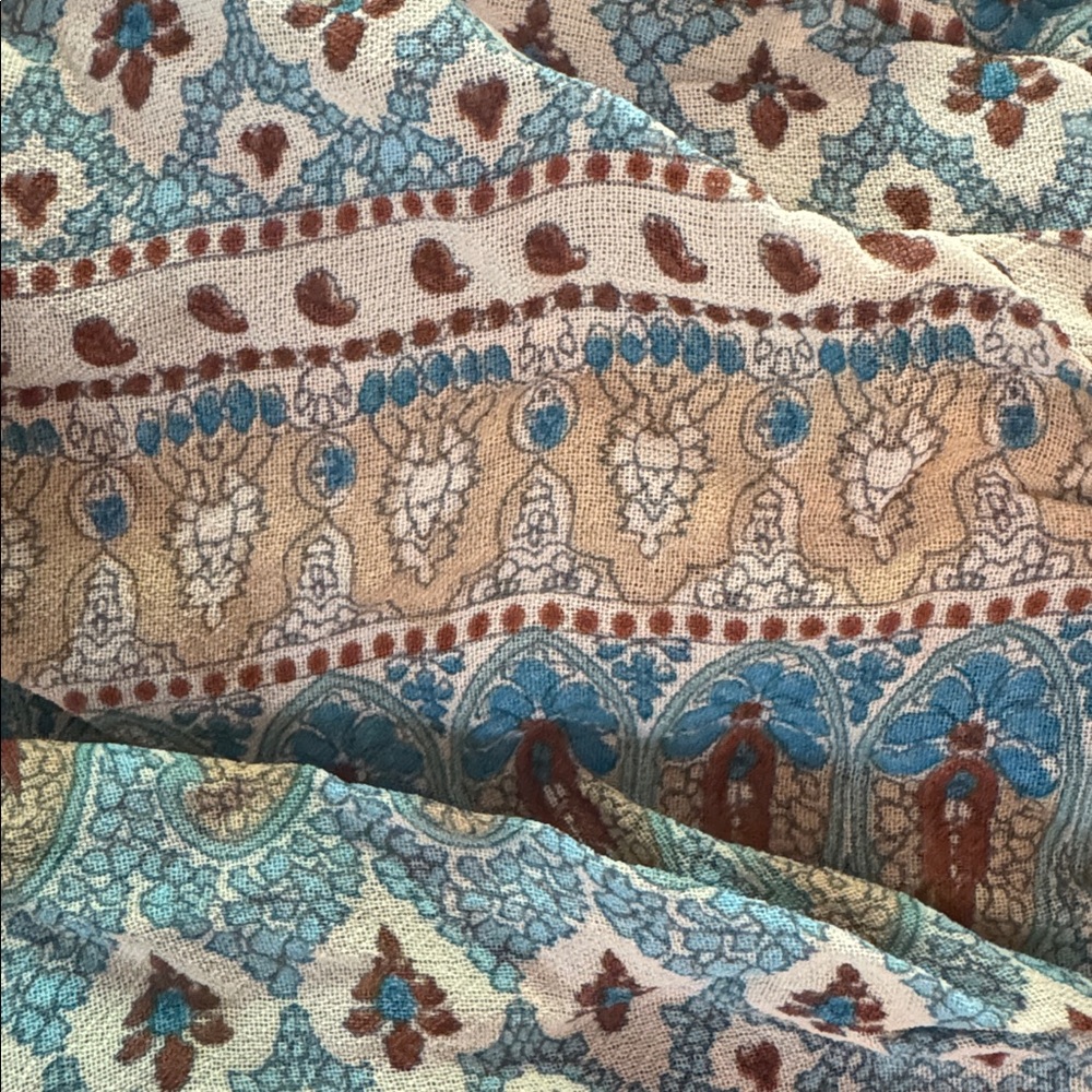 Boho Tie-Front Kimono Blouse Wrap Around Top in Teal and Beige Festival Vibes - Picture 5 of 5